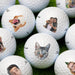 Multiple white custom golf balls are shown printed with various photos.