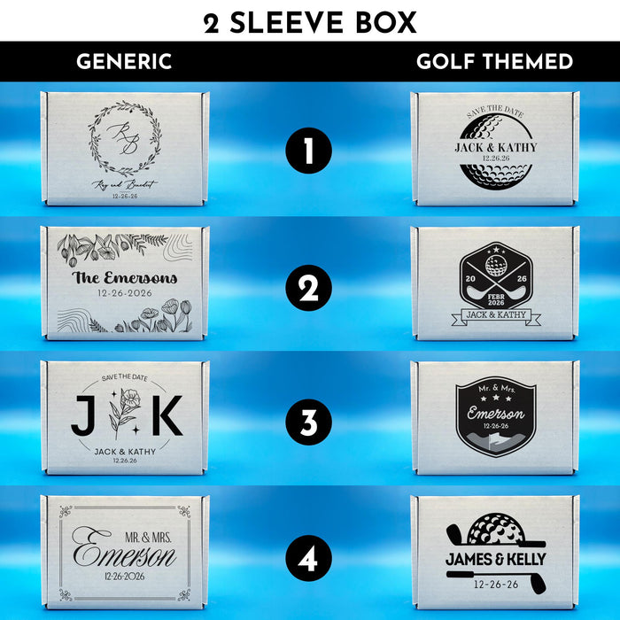 Design selection guide showing all available Single Sleeve wedding gift box designs. Includes both generic wedding and golf-themed wedding options.