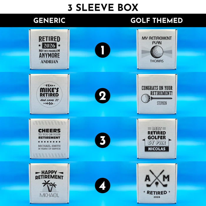 Design selection guide showing all available 3 Sleeve retirement gift box designs. Features retirement-themed layouts that can be customized with names, dates, and special messages.