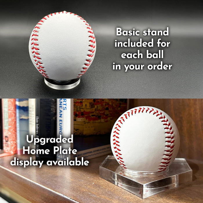 Personalized engraved birth announcement baseball shown with the included basic stand and optional upgraded home plate display stand.