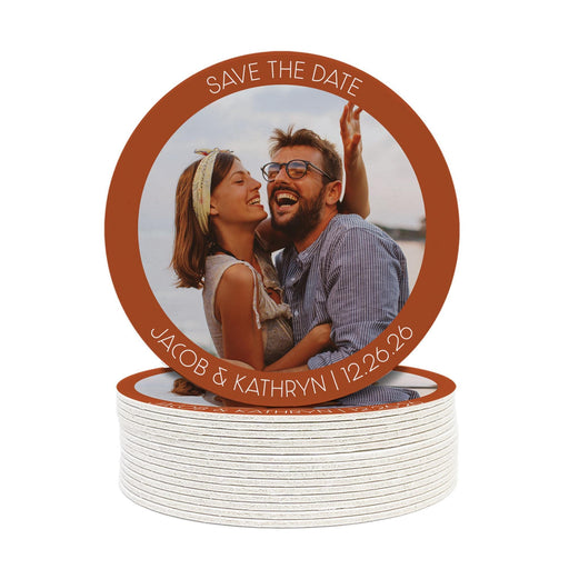 Personalized photo Save the Date coaster featuring a custom couple photo, names, and wedding date. A unique wedding favor and keepsake for guests.