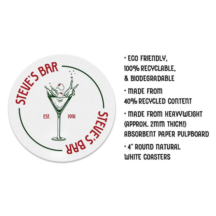 Product details image showing a personalized dirty martini coaster beside material information, featuring the custom bar name, olive martini illustration, and established year.