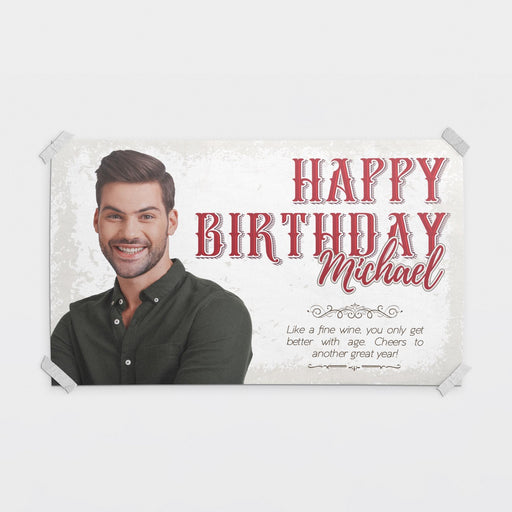Personalized rustic vintage birthday banner featuring a custom photo, name, and birthday message.