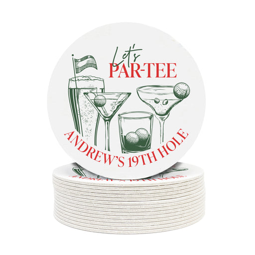 A stack of white coasters with a circular design featuring illustrations of various alcoholic beverages and the text "Let's PAR Tee ANDREW'S 19TH HOLES".