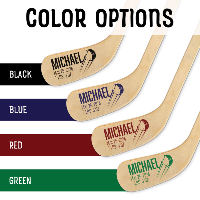 Color options for the personalized hockey stick design, displaying black, blue, red, and green UV printed name and birth info on wooden sticks.
