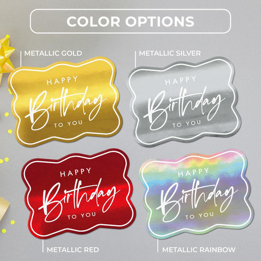 Birthday tag color options in metallic gold, metallic silver, metallic red, and metallic rainbow shown together.