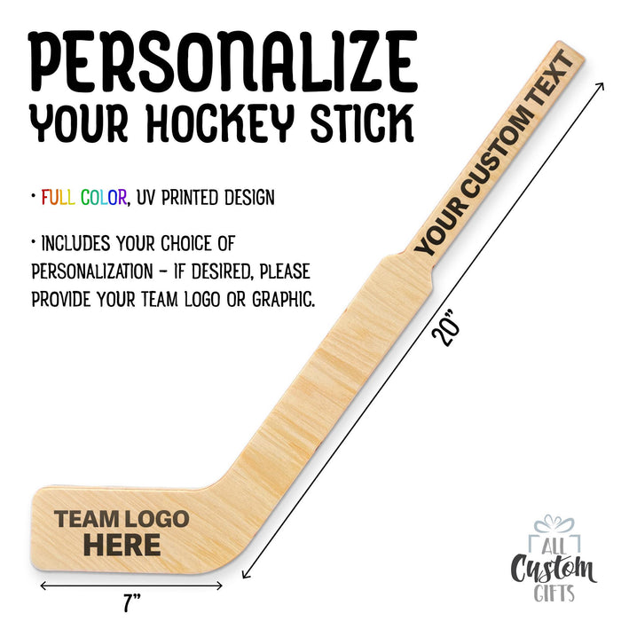 Product overview showing customizable goalie hockey stick layout with logo placement on the blade and custom player name printed along the handle, including size dimensions.