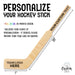 Product overview showing customizable goalie hockey stick layout with logo placement on the blade and custom player name printed along the handle, including size dimensions.
