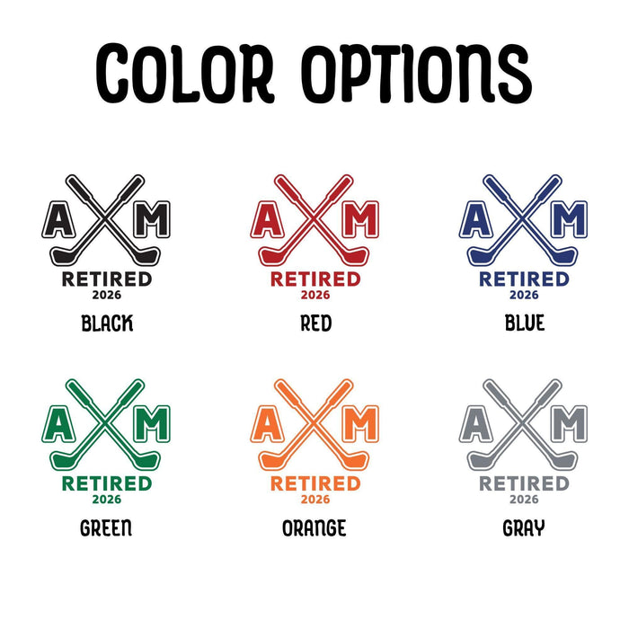 Color chart showing available print color options for the personalized Retired Monogram golf ball design, including black, red, blue, green, orange, and gray.