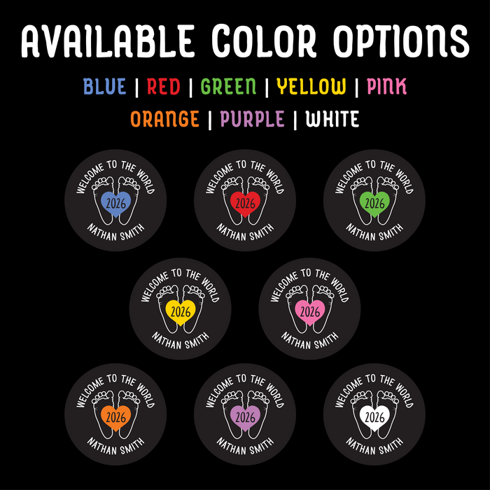 Color options graphic showing the UV printed baby feet birth announcement puck design in multiple colors including blue, red, green, yellow, pink, orange, purple, and white.
