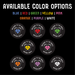 Color options graphic showing the UV printed baby feet birth announcement puck design in multiple colors including blue, red, green, yellow, pink, orange, purple, and white.