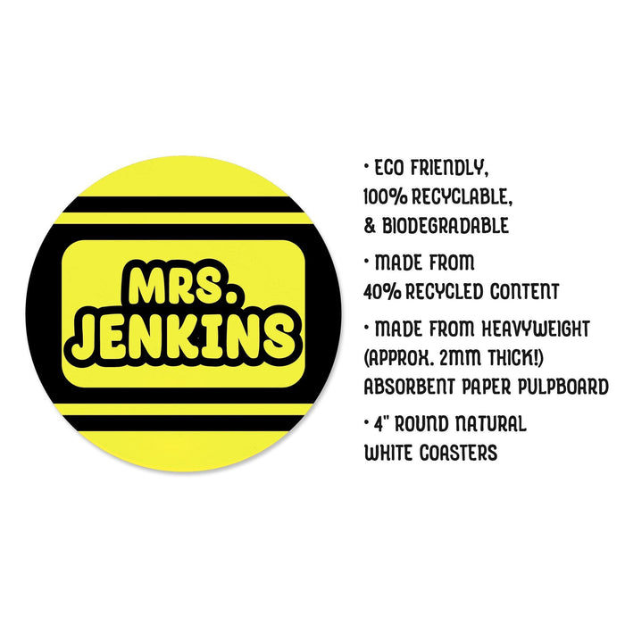 Close-up of a personalized teacher coaster featuring a custom name printed on a Crayola design. The image highlights the round 4-inch size, paper material, and clean print quality, giving a clear view of how the finished coaster will look for classroom or everyday use.