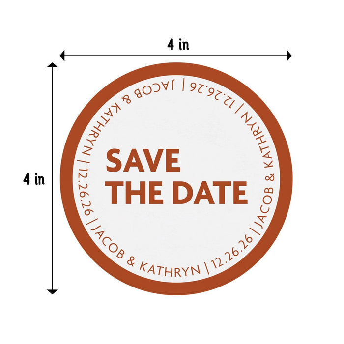 4-inch round Save the Date coaster with custom names and wedding date shown with dimensions.