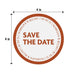 4-inch round Save the Date coaster with custom names and wedding date shown with dimensions.