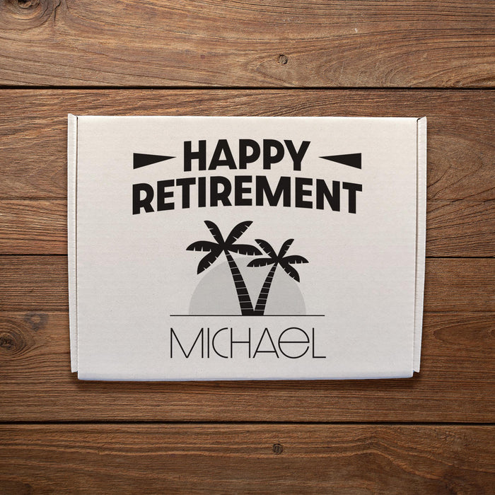 Retirement gift box with a tropical palm tree design and personalized name. A fun design celebrating retirement and relaxation.