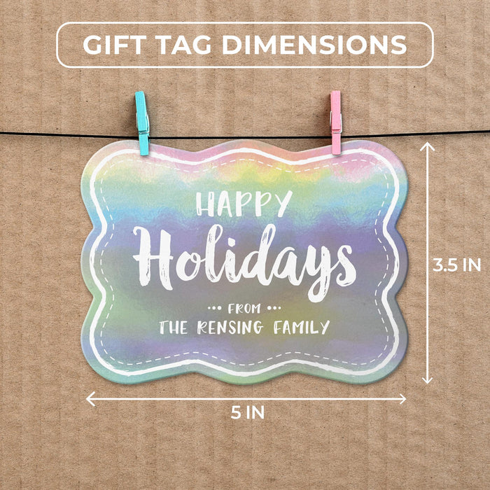 Rounded rectangle Christmas gift tag size guide showing dimensions on kraft paper with colorful mini clothespins.