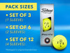 Pack sizes include: • Set of 3 (1 Sleeve) • Set of 6 (2 Sleeves) • Set of 12 (4 Sleeves) *Packaged in original branded box The background image shows a sleeve of yellow Titleist ProV1x golf balls on a blue surface.