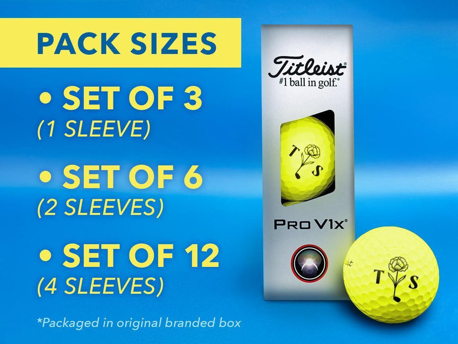 Pack sizes include: • Set of 3 (1 Sleeve) • Set of 6 (2 Sleeves) • Set of 12 (4 Sleeves) *Packaged in original branded box The background image shows a sleeve of yellow Titleist ProV1x golf balls on a blue surface.
