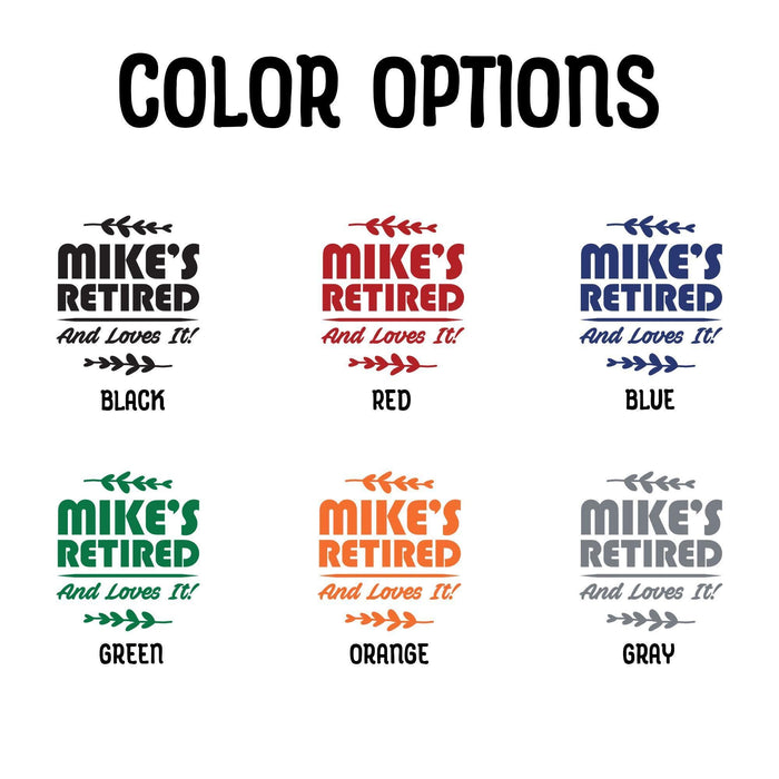 Color chart showing available print color options for the personalized retirement golf ball design, including black, red, blue, green, orange, and gray.