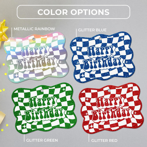 Groovy birthday tag color options in metallic rainbow, glitter blue, glitter green, and glitter red shown together.