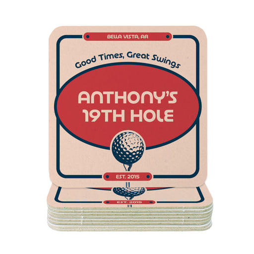 A set of coasters with a golf-themed design, featuring the text "Bella Vista, AR", "Good Times, Great Swings", "Anthony's 19th Hole", and the establishment year "EST. 2015".