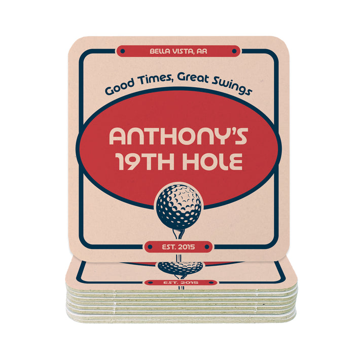 A set of coasters with a golf-themed design, featuring the text "Bella Vista, AR", "Good Times, Great Swings", "Anthony's 19th Hole", and the establishment year "EST. 2015".