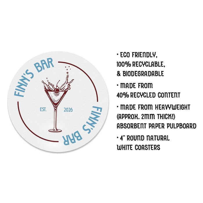 Product details image showing a personalized martini coaster beside material information, featuring the custom bar name, martini glass design, and established year.