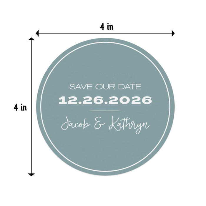 4-inch round Save the Date coaster with custom names and wedding date shown with dimensions.