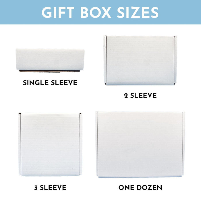 Four white golf ball gift box sizes shown together, including single sleeve, 2 sleeve, 3 sleeve, and one dozen box options.