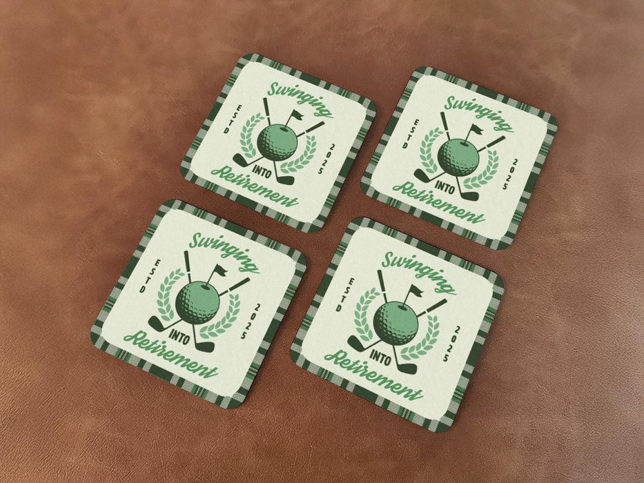 Custom square pulpboard coasters are shown sitting on leather surface. The coaster features design with illustrated golf ball, club, and flag on top with wreath surrounding it, argyle background pattern, and custom text.