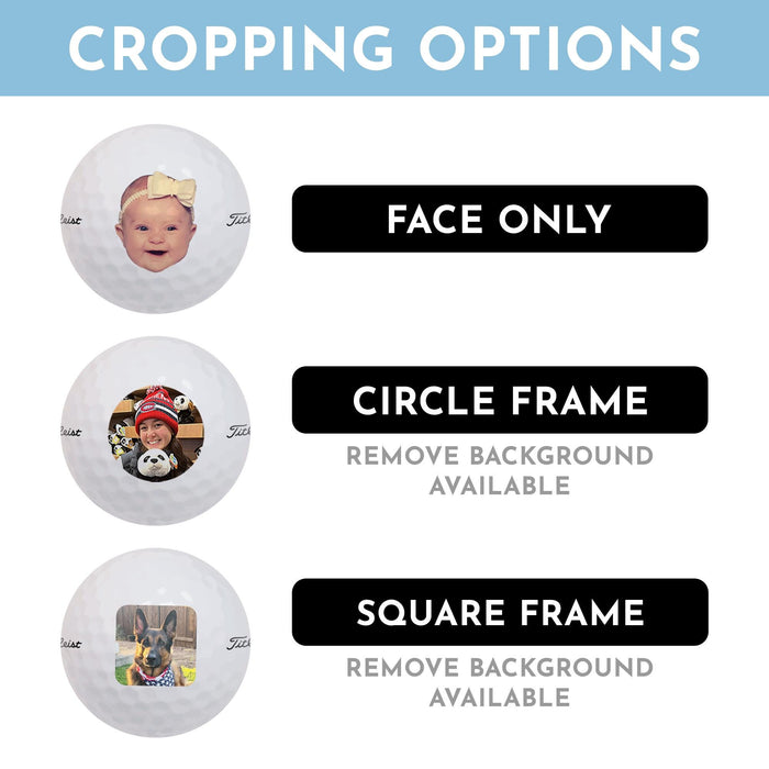 Cropping Options for photo golf balls are shown. These include Face Only, Circle Frame (remove background available), Square Frame (remove background available).