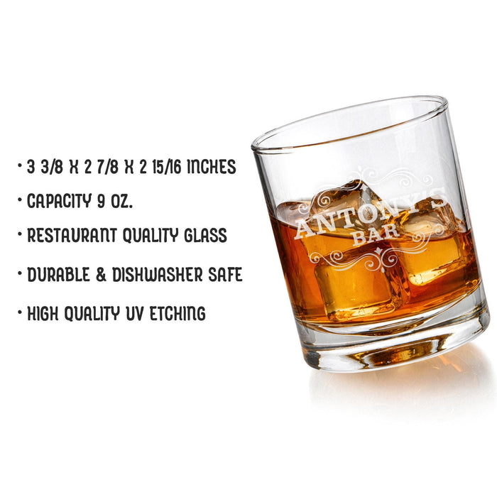 Product information image showing the whiskey glass size, 9 oz capacity, restaurant-quality glass, dishwasher-safe durability, and high-quality UV etching. The tilted glass helps showcase the shape and premium finish of the personalized rocks glass.