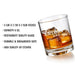 Product information image showing the whiskey glass size, 9 oz capacity, restaurant-quality glass, dishwasher-safe durability, and high-quality UV etching. The tilted glass helps showcase the shape and premium finish of the personalized rocks glass.