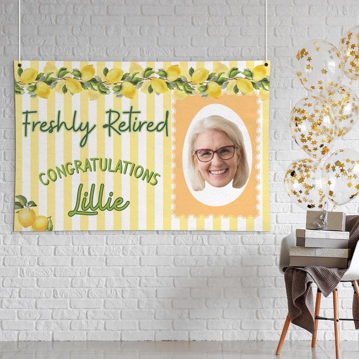 Personalized retirement banner displayed in a home or event setting. Lemon-themed design creates a bright and welcoming retirement celebration backdrop.