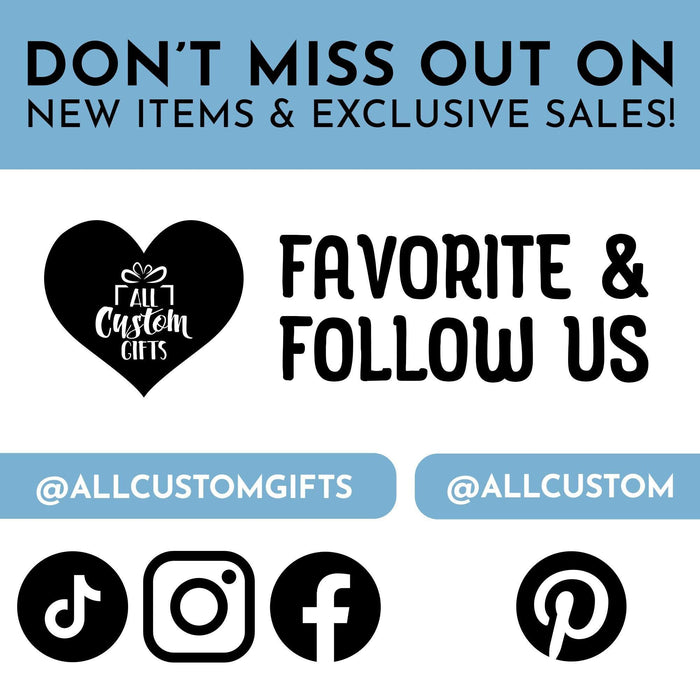Social media and shop follow graphic for All Custom Gifts featuring Instagram, Facebook, TikTok, and Pinterest icons. Encourages customers to follow for updates, new releases, and exclusive sales.