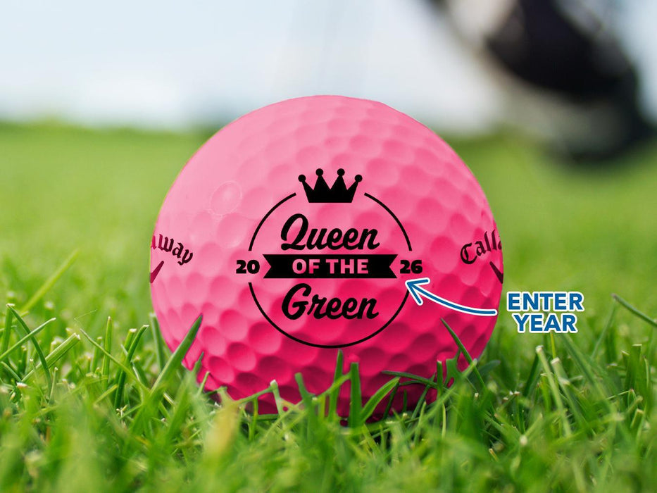 Design standards for designs shown with arrows pointing to custom date. Design is seen on a pink Callaway golf ball on a golf course.