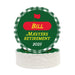 A stack of green and white checkered coasters with a red and yellow label that reads "BILL Masters Retirement 2025".