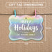Rounded rectangle Christmas gift tag size guide showing dimensions on kraft paper with colorful mini clothespins.