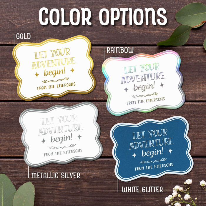 The “Let Your Adventure Begin” personalized wedding gift tag design shown in Gold, Rainbow, Metallic Silver, and White Glitter foil finishes. Custom foil cardstock tags are perfect for weddings, bridal showers, and engagement gifts.