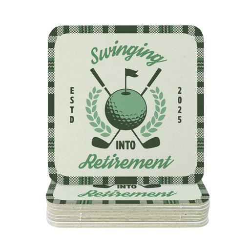 A set of coasters featuring a golf club and ball design, along with the text "Swinging into Retirement" and "Est. 2005".