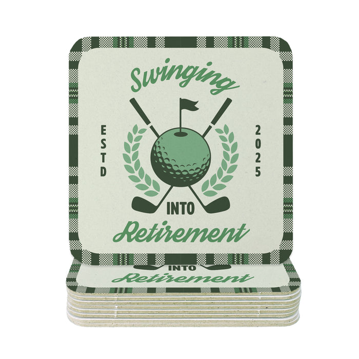 A set of coasters featuring a golf club and ball design, along with the text "Swinging into Retirement" and "Est. 2005".