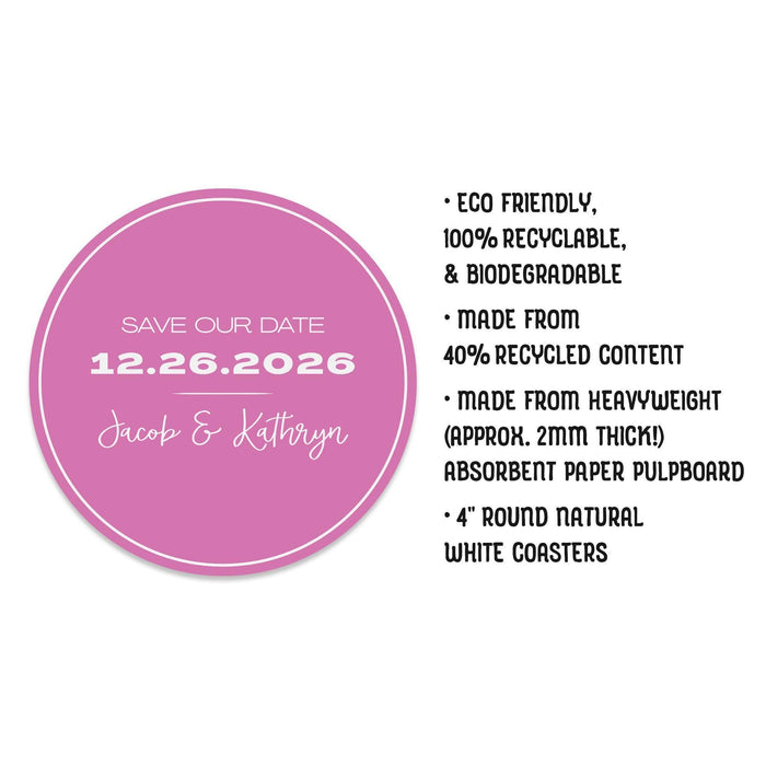Product details and specifications for personalized Save the Date coasters, including size and material information.