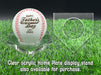 A personalized baseball with red stitching is placed on a clear acrylic stand, accompanied by a text overlay that reads Clear acrylic Home Plate display stand also available for purchase.