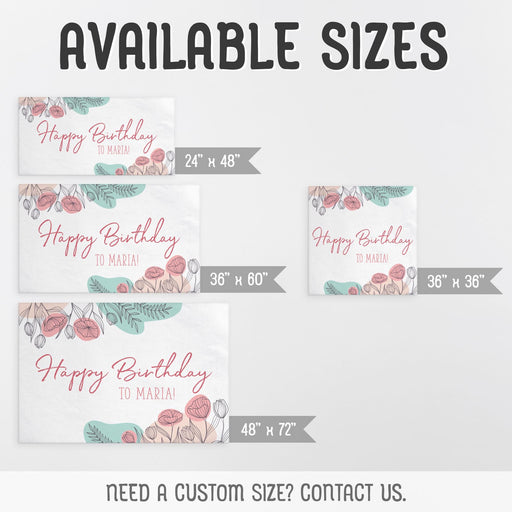 Available size options for the personalized floral banner, including four banner sizes and custom sizing information.