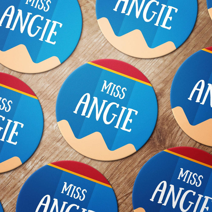 Multiple pencil design coasters arranged together with custom names. Shows repeat design and ordering consistency.