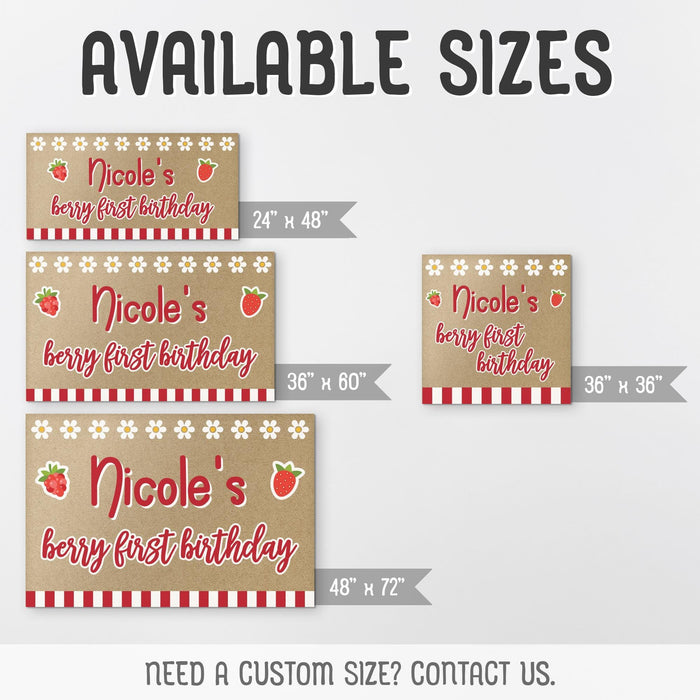 Size chart showing the available banner dimensions including 24x48, 36x60, 48x72, and 36x36 printed butcher paper birthday banners.