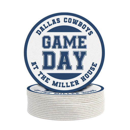 A stack of white coasters with the text "DALLAS COWBOYS GAME DAY AT THE MILLER HOUSE" printed on them.