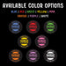 Color options graphic showing the UV printed baby birth announcement puck design in blue, red, green, yellow, pink, orange, purple, and white.
