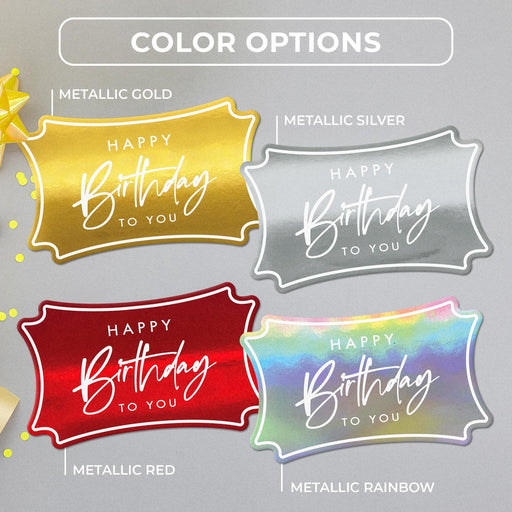Elegant script tag color options in metallic gold, metallic silver, metallic red, and metallic rainbow shown together.