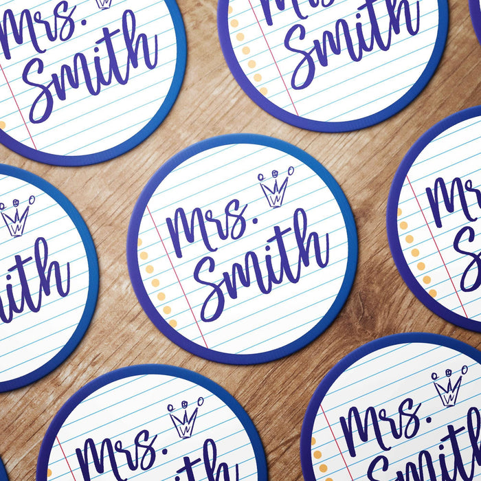 Multiple notebook design coasters arranged together with custom names. Shows repeat design and ordering consistency.